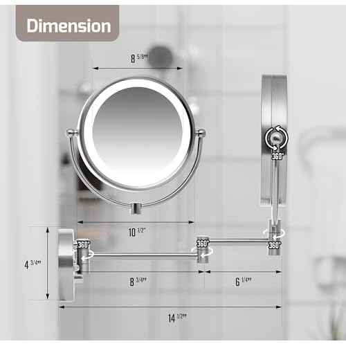 OVENTE Wall Mounted Lighted Makeup Vanity Mirror, 9" Hard Wired Double Sided 1X/7X Magnifying Bathroom Mirror, Dimmable LED Lights, 360¡Æ Rotation and 14" Extendable Arm, Nickel Brushed MPWD3185BR1X7X