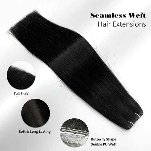 Butterfly Weft Hair Extensions Human Hair-Invisible Double Layered with Hole Hand Tied Genius Weft PU Seamless Micro Beads Real Remy Hair Jet Black 100g #1 18 Inch
