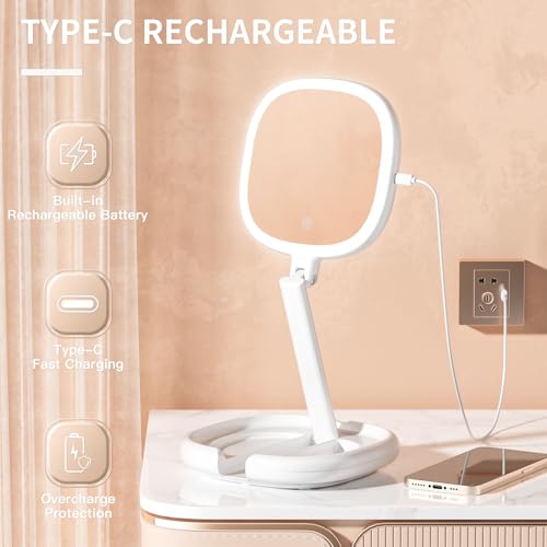 6.3¡± Makeup Mirror with Light and Magnification, 10X/1X Light Up Makeup Mirror Lighted Make Up Mirror with Adjustable Height Double Sides Folding Magnifying Mirror with Light