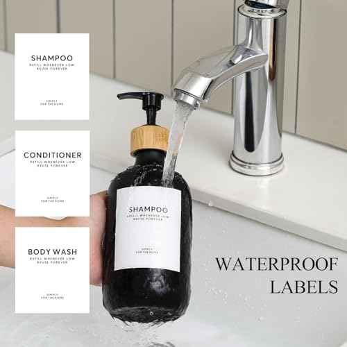Shampoo and Conditioner Dispenser,16.9 fl oz Set of 3 Black Plastic Refillable Shower Shampoo Dispenser with Bamboo Tray, Reusable Pump Bottles with Labels for Bathroom D?cor (Black+Bamboo Tray)