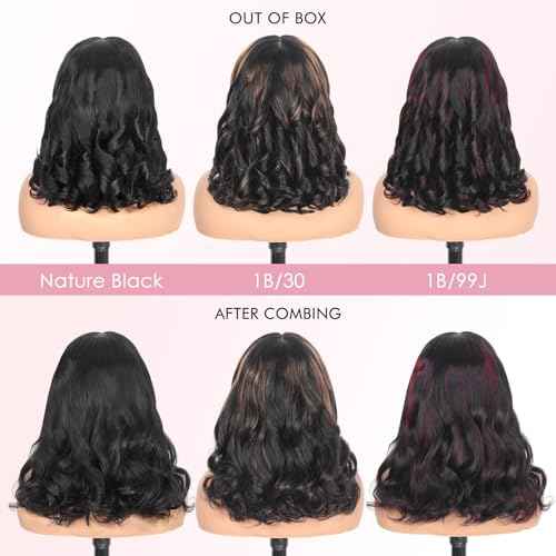 250% Human Hair Wigs For Black Women Highlight Bob Wig Human Hair With Layered Curtain Bangs Face-Framing 6x6 Lace Closure Glueless Wigs Human Hair Pre Cut 15A Ombre Loose Body Wave Wig 1B30 14Inch