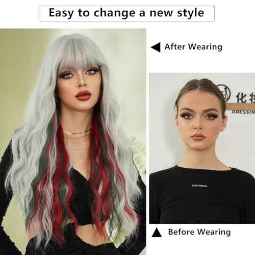 7JHH WIGS Long Curly Red Green Highlight Christmas Siler White Wigs Natural Heat Resistant Fibre Wet Wave Grey White Ombre Women Wigs for Holiday Festival Christmas Daily Party Daily Used