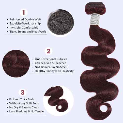 99j Dark Burgundy Body Wave Bundles Human Hair 24 Inch, 12A Soft And Shiny Red Wine Colored Bundles 100% Brazilian Virgin Remy Hair Sew In Weave Single Human Hair Bundle Chic #99j Color