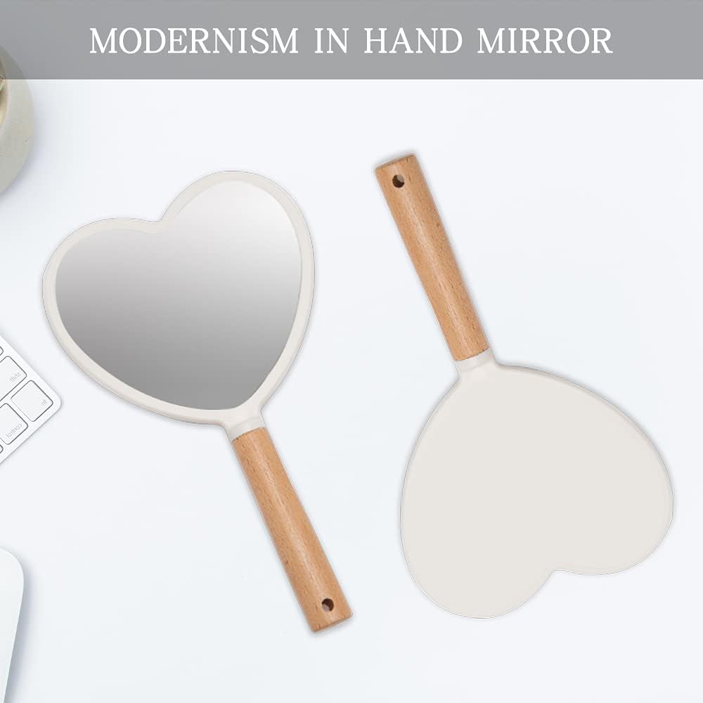 YEAKE Hand Held Mirror with Handle for Makeup,Small Cute Wood Hand Mirror for Shaving with Hole Hanging Single-Sided Portable Travel Vanity Mirror for Men&Women(Heart)