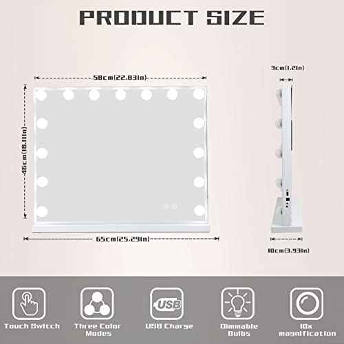 COOLJEEN Vanity Mirror with Lights and Bluetooth, Hollywood Makeup Mirror with 15 Dimmable LED Bulbs and USB Charging, 3 Color Modes Lighted Vanity Mirror, Tabletop/Wall-Mount (Shatterproof Glass)