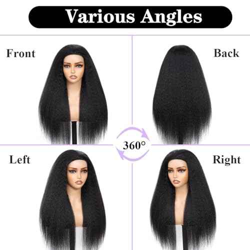 200 Density Kinky Straight Half Wig Human Hair 18 Inch,Yaki Straight 3 In 1 Seamless Flip Over Half Wigs Human Hair Glueless Wear Go Beginner Friendly Curly Half Wig Drawstring Headband Wig for Women