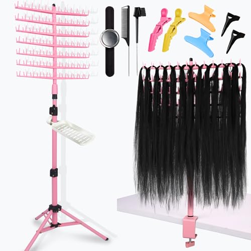 Height Adjustable Braiding Hair Rack 168 pegs, Dual-use Braid rack with Clamp (Pink)