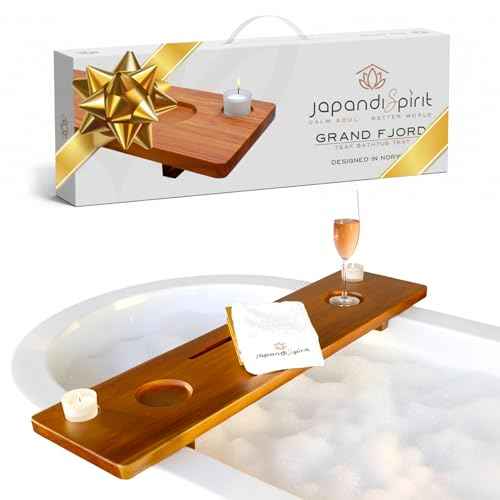 Grand Fjord | Teak Bathtub Tray for Large Soaking Tub | Extra Long 35¡± Luxury Bath Caddy for Freestanding Tubs | Minimalist Wooden Tub Tray with Candle Holders & Premium Towel by JapandiSpirit