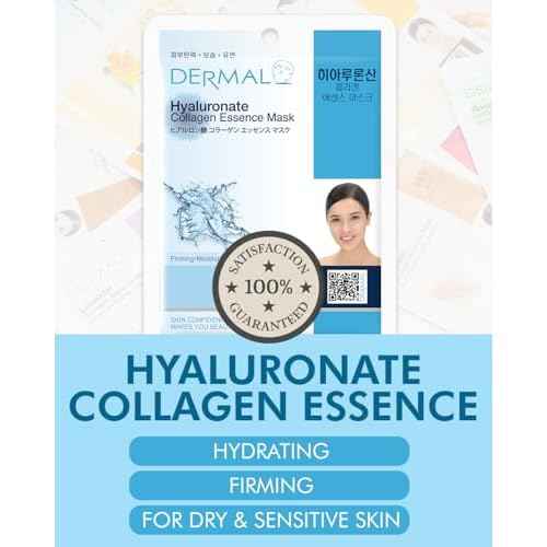 DERMAL Hyaluronate Collagen Essence Facial Mask Sheet 23g Pack of 100 - Hydro Boost Moisturizing for Dry Skin, Smoothing Fine Lines Wrinkles, Daily Skin Treatment Solution Sheet Mask