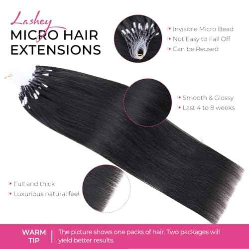 Lashey Micro Link Hair Extensions Human Hair Natural Black 18 Inch Yaki Straight Micro Beads 50g 50s Micro Loop Micro Ring Human Hair Invisible for Women