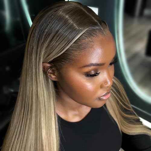 Ombre Ash Blonde Wigs Human Hair Natural Roots 200% Density 13x6 Straight HD Glueless Lace Frontal Wigs Human Hair for Women Pre Plucked Ombre Dirty Blonde Straight Lace Frontal Wigs 18 Inch