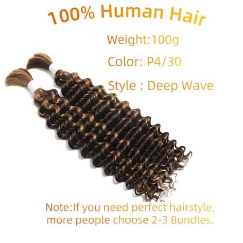 P4/30 Deep Wave Ombre Human Braiding Hair 24Inch 2 Bundles 100g Bulk Human Hair for Braiding No Weft Human Braiding Hair for Boho Braids Wet and Wavy 100% Brazilian Virgin Curly Hair