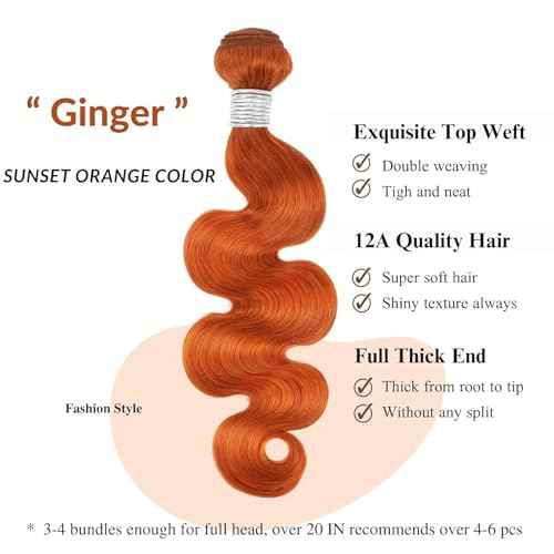 12A Ginger Bundles With Closure Body Wave Human Hair, Soft And Shed-Free Colored #350 Copper Orange 3 Bundles Human Virgin Hair With 4x4 HD Lace Closure Pre Plucked 10 12 14+10 IN Wavy Weave