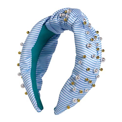Lilly Pulitzer Colorful Knotted Rhinestone and Pearl Headband, Wide Satin Headband, Cute Embellished Hair Accessories for Women & Girls, Frenchie Blue Stripe