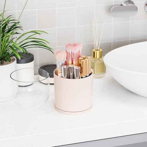 Yieach Rotating Acrylic Makeup Brush Holder with Lid for Vanity,Bathroom,Countertop,Covered Makeup Brushes Organizer,Round Spinning Cosmetic Brushes Holder and Make up Brush Storage with Cover,Pink