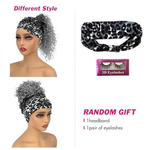 Headband Wig Deep Wave 20 Inch Gray for Black Women - Machine Made None Lace Front Synthetic Glueless Deep Curly Half Wig (T1B/Gray)