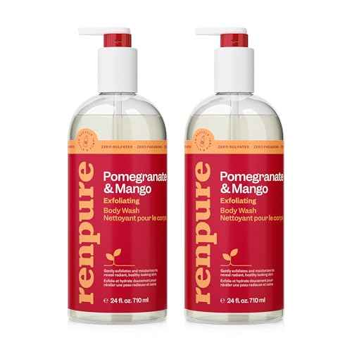 RENPURE Pomegranate & Mango Exfoliating Body Wash - Cleanses, Exfoliates, Moisturizes & Rejuvenates Skin - For All Skin Types - Pomegranate Extract, Mango Fruit Extract - 24 Fl Oz each, 2 Pack