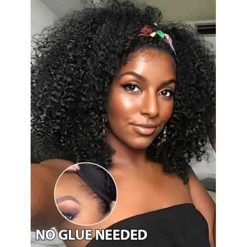 V SHOW Glueless Curly Headband Wig Human Hair 180% Density Thick Throw & Go Kinky Curly Headband Wigs for Women 18 Inch None Lace Front Wigs Wear and Go Glueless Human Hair Wigs