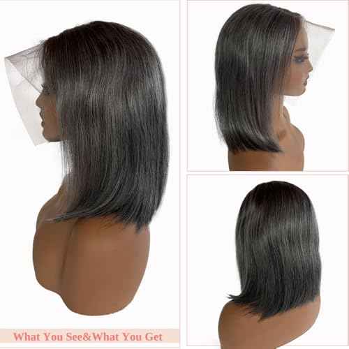 Belaved Bob Lace Front Wigs Human Hair Grey Salt & Pepper 12 Inch Ombre Silky Straight Balck Mix Grey Short Bob 13x4 HD Lace Frontal 180% Density Pre Plucked Bleached Knots Glueless
