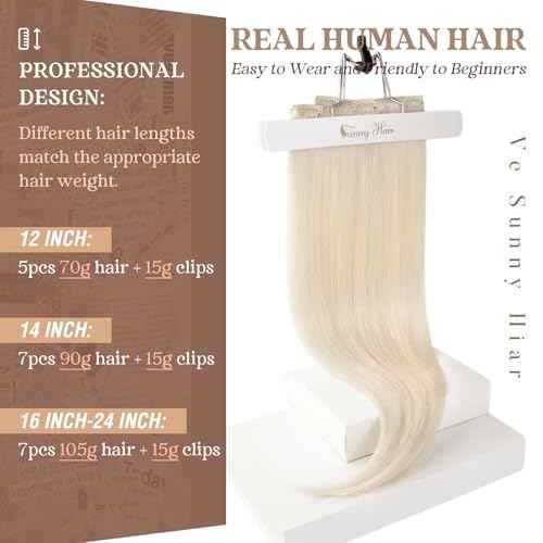 Ve Sunny Blonde Clip in Hair Extensions Human Hair Clip in Extensions Platinum Blonde Real Human Hair Extensions Clip ins Long Straight Hair Easy to Wear 7pcs 120g 20inch