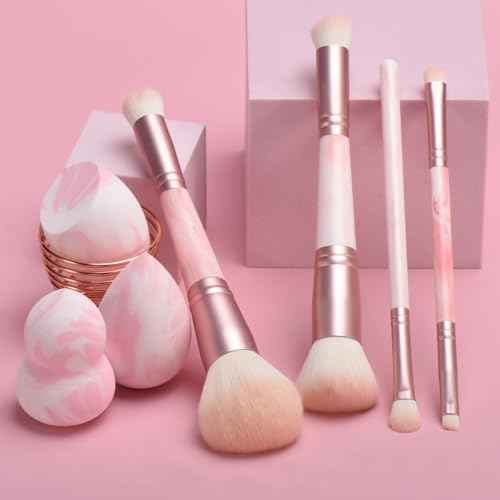 4PCS Pink Dual-Ended Makeup Brushes & Blending Sponge Set, Professional Foundation Concealer Eyeshadow Kabuki Brush with, for Liquid Powder Cream, Vegan & Cruelty-Free
