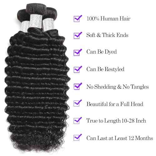 12A Human Hair Bundles 18 20 22 Inch Deep Wave Bundles Human Hair 100% Unprocessed Brazilian Virgin Deep Curly Weave 3 Bundles Hair Extensions for Women Natural Color