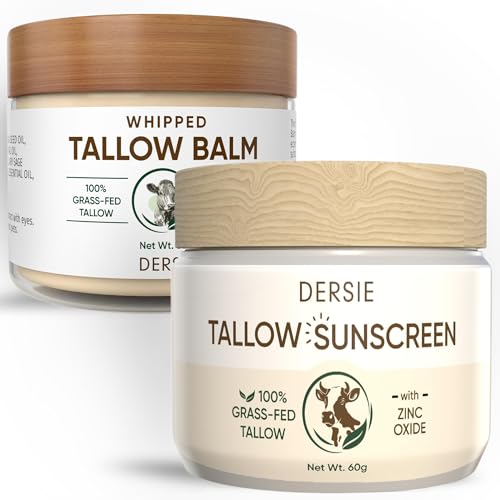 Tallow Sunscreen & Tallow Balm Set: 100% Grass-Fed Beef Tallow Sunscreen Balm with Zinc Oxide + Whipped Tallow Moisturizer ? Daily Sun Protection & Deep Hydration for Sensitive Skin, Face & Body