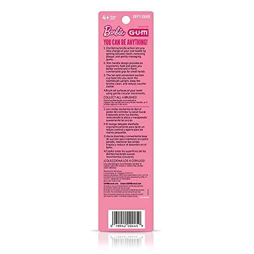 GUM Barbie Kids Battery Power Electric Toothbrush with Suction Cup Base for Home or Travel Oral Health and Dental Plaque Removal, Ages 3+, 1ct(4Pk)