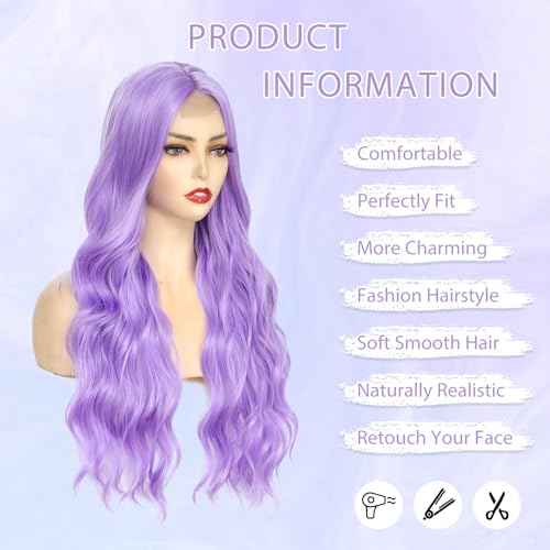 Long Purple Wavy Wig for Women 26 Inch Light Purple Middle Part Curly Synthetic Hair Wig Natural Look Heat Resistant Fiber for Daily Party Use