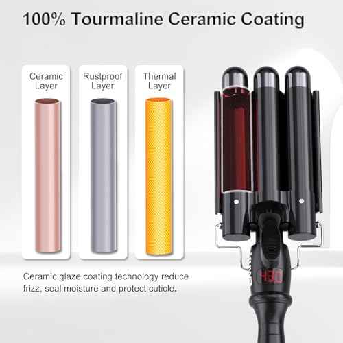 kuwa Three Barrel Curling Iron,Hair Crimper with LCD Temperature Display,1 Inch Crimper Hair Tool,Dual Voltage Hair Crimper,Beach Waver Curling Iron (Black)