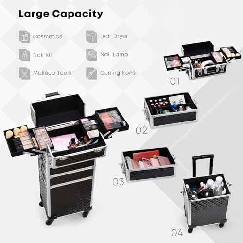 Adazzo 4 in 1 Rolling Makeup Case Cosmetic Train Case Trolley Roll Travel Box for Makeup Artist, Hairstylists, Nail Tech Makeup Cart with Key Swivel Wheels Barber Case Traveling Trunk Black