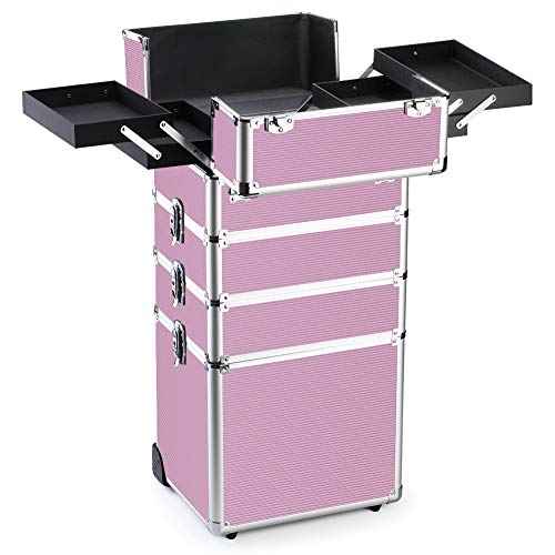 OUDMAY Makeup Train Case 4 in 1 Professional Cosmetics Rolling Organizer Aluminum Frame and Folding Trays Pink