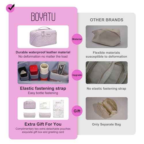 BOYATU Travel Makeup Bags Cosmetic Organizer Bag: 3-Set Large Capacity Make up Bag - PU Leather Toiletry Bags for Women - Wide Open Portable Pouch with Divider & Handle (02-Z-Violet)