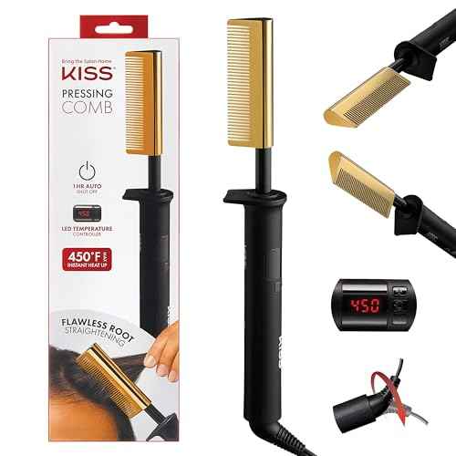 KISS Professional Pressing Comb with Polished Gold Smoothing Comb, Safety Stand, Digital LED Temperature Display, & Tangle Free 360¡Æ Swivel Cord