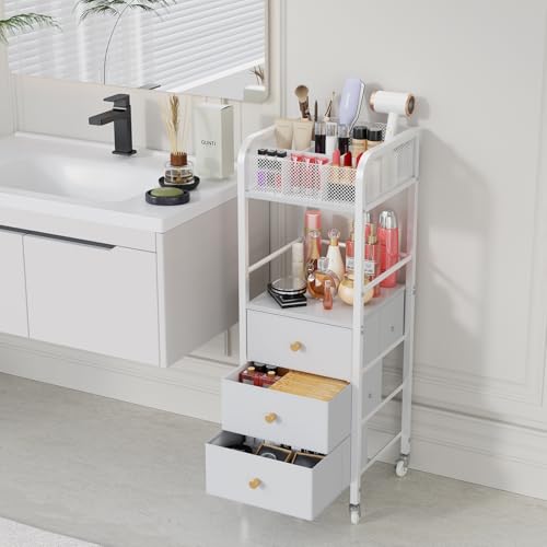 HapiRm Rolling Makeup Cart Organizer - Floor Skincare Make Up Storage with 3 Non-woven Fabric Drawers, Vanity Organizer Cosmetic Display Cases Holder for Skin Care Perfume Nail Polish Brush Hair Tool