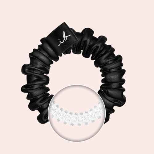 Invisibobble Sprunchie Slim Black and Gold Silk Scrunchie x2 - Silk Scrunchie with Spiral Hair Band Inside - Silk Scrunchies Soft with Great Hold