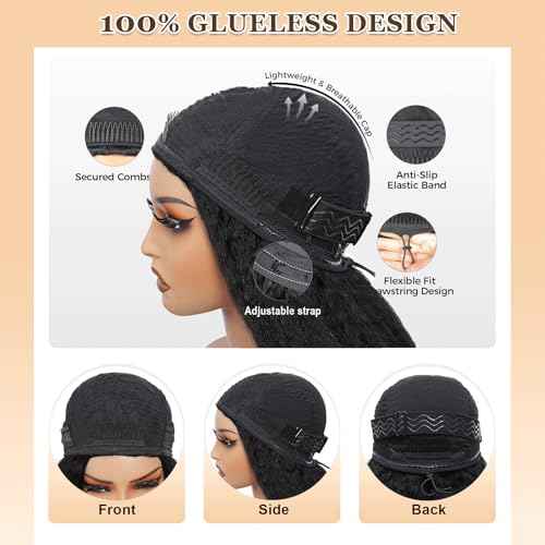 Kinky Straight Half Wig Human Hair 3 In 1 Seamless Flip Over Half Wigs for Black Women Ready to Go Headband Wig 180% Density Drawstring Kinky Curly Half Wig Glueless Natural Black 22 Inch