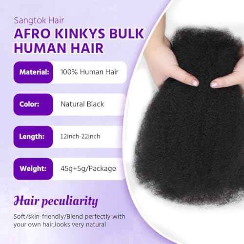 Afro Kinkys Bulk Human Hair for Dreadlocks Extensions and Locs Repair 1 Pack 50 Gram Natural Black Color Afro Kinky Curly Human Hair Bulk for Twist (Black, 22 Inch)