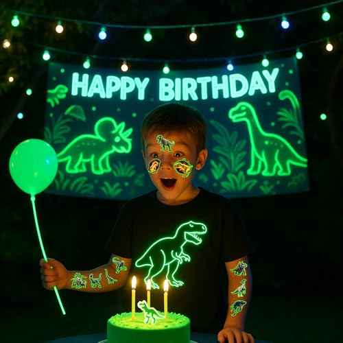 96PCS Dinosaur 3D Pre-Cut Temporary Tattoos - Stickers for Birthday Party Supplies, Decorations, and Favors - Super Cute Gifts for Kids, Boys & Girls, Classroom Prizes, and Themed (Glow in the Dark)