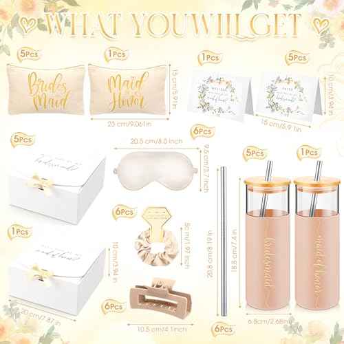 Tioncy 42 Pcs Bridesmaid Proposal Gifts Bridal Shower Wedding Gift Box Makeup Bags Invited Cards Tumblers with Lids and Straw Scrunchies Eye Mask Hair Clips for Maid of Honor(Champagne)