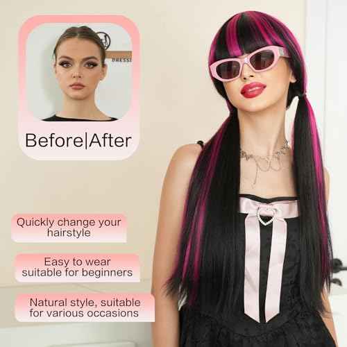 7JHH WIGS Wigs 28in Long Straight Wig Halloween Lolita Double Ponytail Wig for Women Black Wig with Rose Pink Highlight Cosplay Party wigs High Temperature Heat Resistant Fiber Natural Hairline Wig