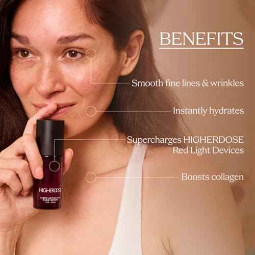 HigherDOSE Light-Activated GLOW SERUM - Anti Aging Face Serum to Plump, Hydrate & Smooth Fine Lines - Made with Vitamin C, Copper Peptides & Hyaluronic Acid - Boosts Benefits of Red Light (1 oz)
