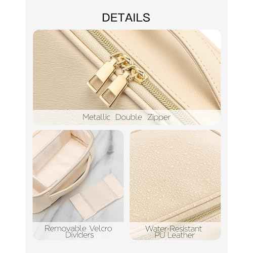 Vlando Travel Makeup Bag,Portable Cosmetic Bag Makeup Case Organizer, Makeup Bag with Adjustable Dividers for Women,Girls,Wedding,Cosmetic Brushes,Toiletry,Gifts,Anniversary-Beige