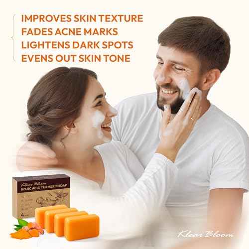 Kojic Acid Soap, Turmeric Soap Bar for Dark Spots Brightening & Moisturizing with Collagen, Vitamin E, Retinol, Hyaluronic Acid, Shea Butter, Paraben & Sulfate-Free 105g x4 Bars