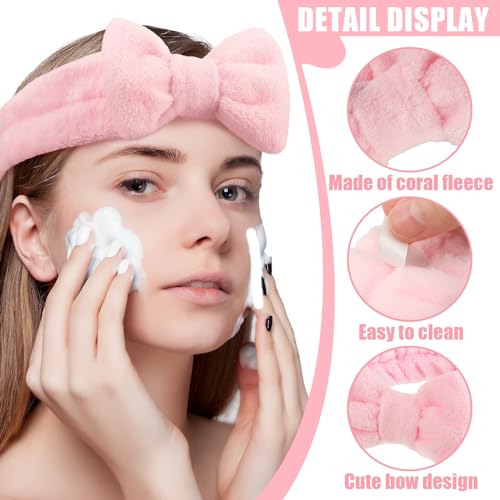 Riceshoot 36 Pcs Spa Headband Bulk Sleepover Party Favors Pink Bow Spa Party Supplies Flannel Fleece Elastic Soft Face Wash Headbands for Women(Pink)