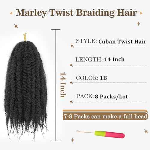Marley Twist Braiding Hair 14 Inch Cuban Twist Hair 8 Packs Soft Marley Twist Hair Afro Kinky Twist Hair Extension(14 Inch, 1B)