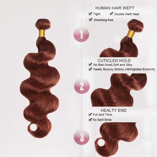 Color 33 Bundles Human Hair Auburn Body Wave Bundles Huxowax Peruvian Virgin Remy Hair Single Bundle 20 Inch Double Weft Copper Red Body Wave Bundle