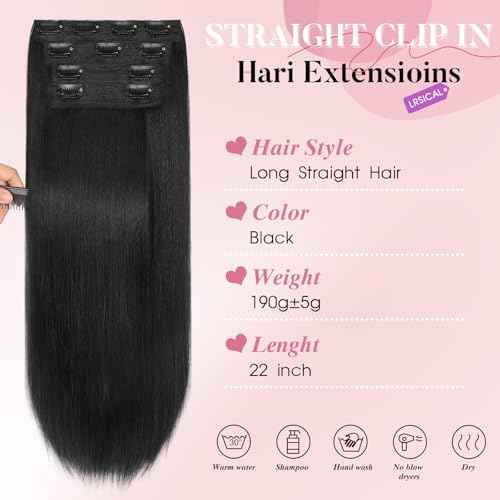 Clip in Synthetic Hair Extensions Black Long Straight 4PCS Thick Hairpiecesx Fiber Double Weft Natural Hair Extensions 22 Inch for Women