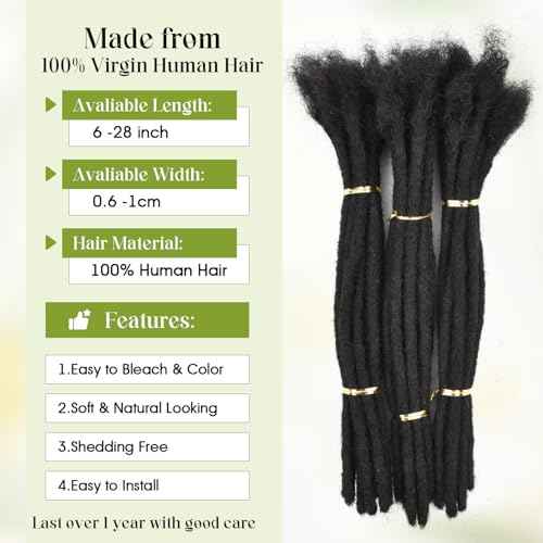 6Inch-18Inch Dreadlock Extensions Loc Extensions Human Hair for Men/Women 100% Real Human Hair (0.6CM Width-1B, 10 Inch-10 Strands)