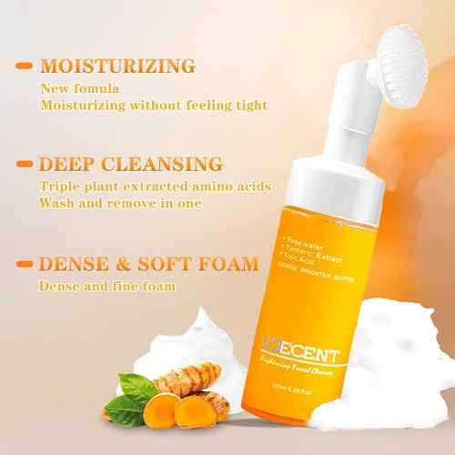 Turmeric, Kojic Acid Brightening and Whitening Foaming Facial Cleanser,Reduce Dark Spot, Silicone Brush Cleansing Skincare Hydrating Facial Cleansing for All Skin